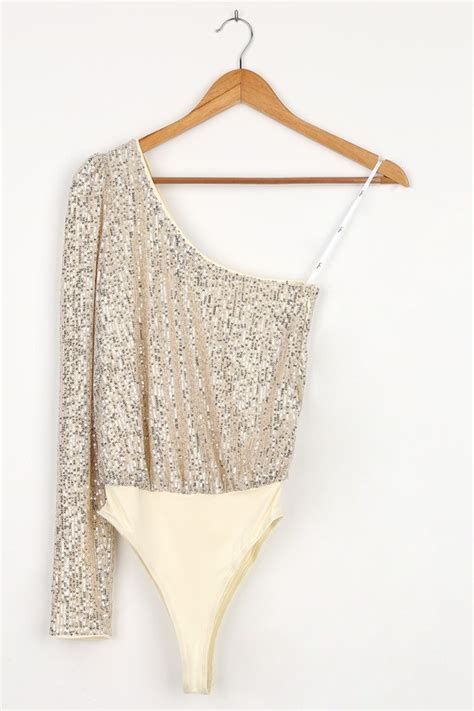 Cream Sequin Bodysuit One Shoulder Bodysuit Long Sleeve Top Lulus