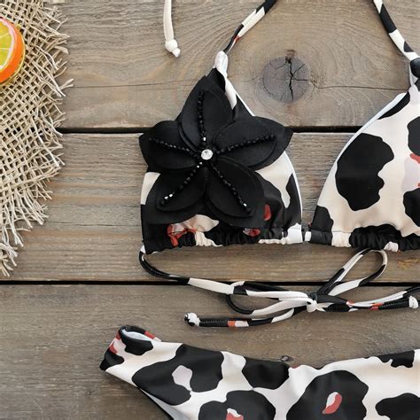 D Flower Low Waist Cow Print Bikini Set Brazilian Swimwear For
