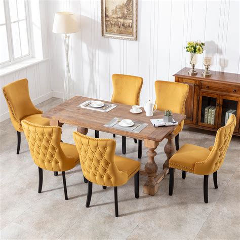 Oduse Daily Set Of 6 Yellow Velvet Dining Chairs Solid Wood Back