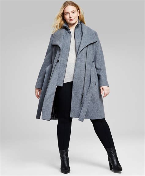 Calvin Klein Womens Plus Size Belted Asymmetric Wrap Coat Created For