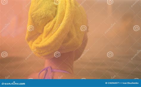Close Up Caucasian Woman In A Swim In Hot Saline Mineral Water Bath At A Traditional Spa Outdoor