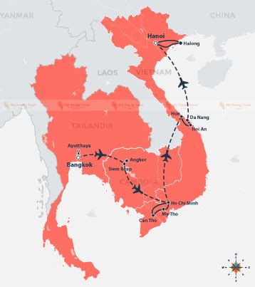 Mapa de Viaje a Tailandia Camboya y Vietnam de 18 Días