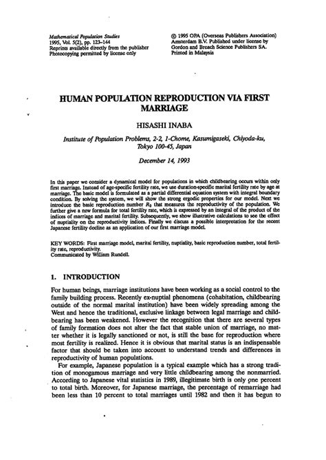 Pdf Human Population Reproduction Via First Marriage