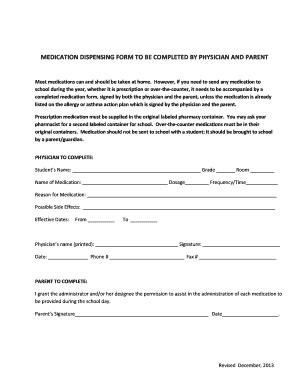 Fillable Online Spnschool Medication Dispensing Form To Be Completed By