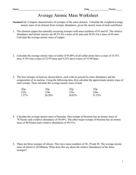 Isotopes And Average Atomic Mass Worksheet