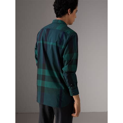 Button Down Collar Check Stretch Cotton Blend Shirt In Forest Green