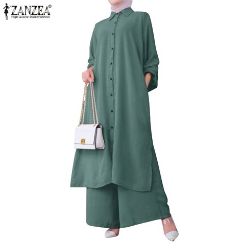 Zanzea Women Muslim Casual Button Down Front Full Sleeved Loose Blouse