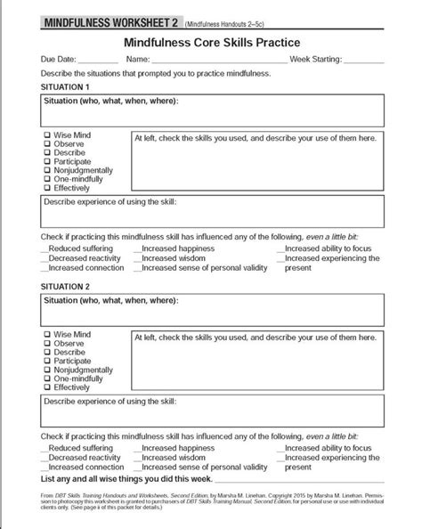 Mindfulness Worksheet Practicing Core Skills Printable Healing