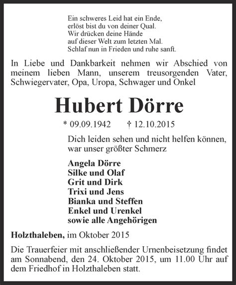 Traueranzeigen von Hubert Dörre trauer in thueringen de