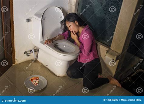 Asian Woman Throwing Up Forcing With Fingers For Vomiting Pizza Feeling Guilty Worried About