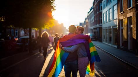 Premium Ai Image Gay Couple Hugging Wrapped In The Lgbt Flag