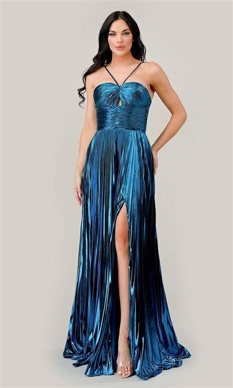 Metallic Long A Line Pleated Prom Dress