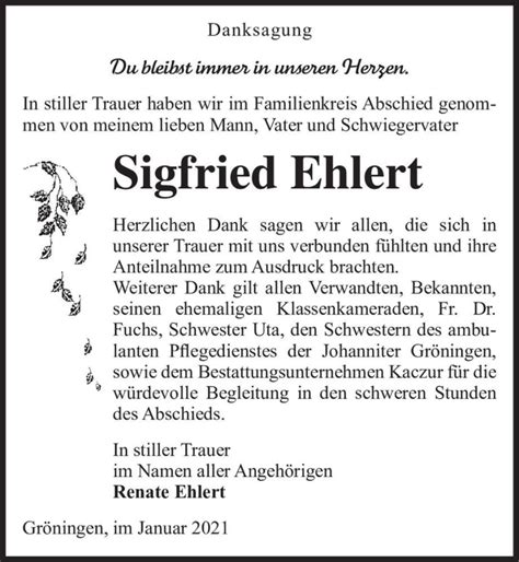 Traueranzeigen Von Sigfried Ehlert Abschied Nehmen De