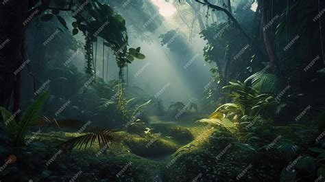 Premium Ai Image Exotic Foggy Forest Jungle Panorama Forest Oasis