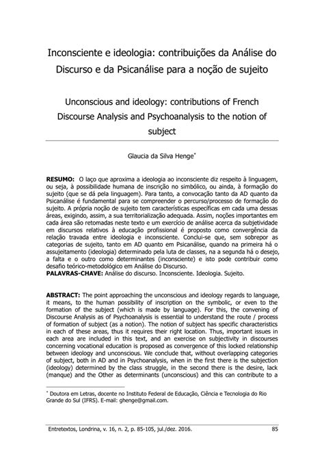 Pdf Inconsciente E Ideologia Contribuições Da Análise Do Discurso E