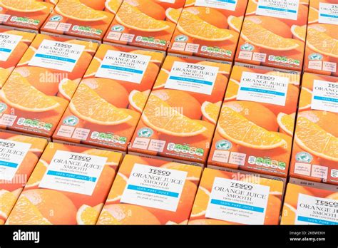 Tesco Orange Juice Cartons And Labelling Showing Sugar Carbohydrate