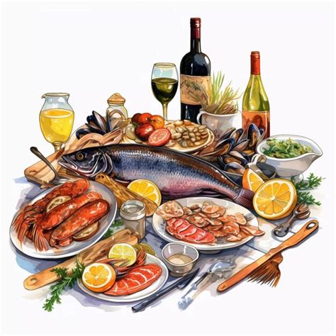 Premium Photo Watercolor Seafood And Wine Seafood Dinner Painting