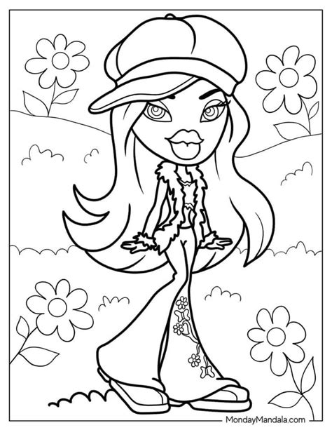 A Cartoon Girl In A Hat And Dress With Flowers On The Background Coloring Page