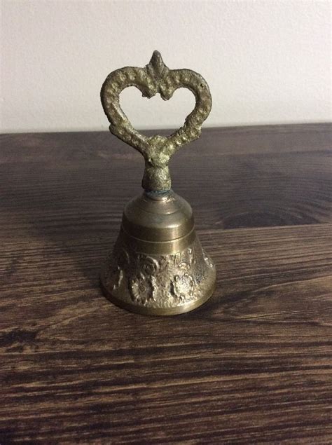 Vintage Mini Brass Bell Heart Handle Patina V Bell Knocker Decor