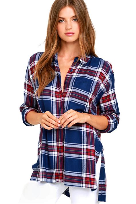 Olive And Oak Navy Blue Plaid Top Button Up Top Collared Top 64