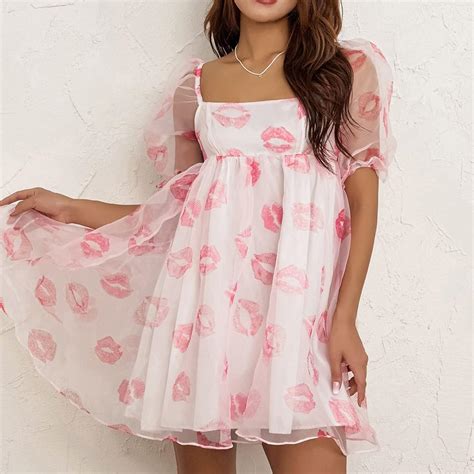 Women S Puff Sleeve Tulle Princess Dress Off Shoulder Square Neck Fairy Mini Dress Tie Dye Party