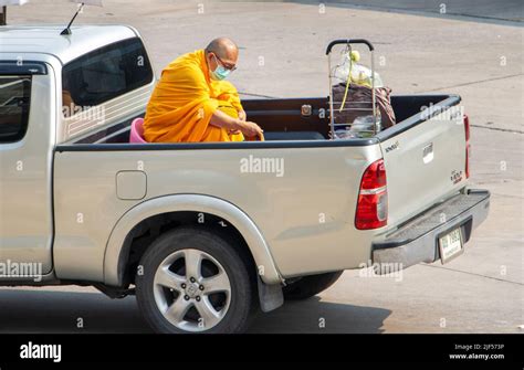 Samut Prakan Thailand Apr A Buddhist Monk Sits In The Back