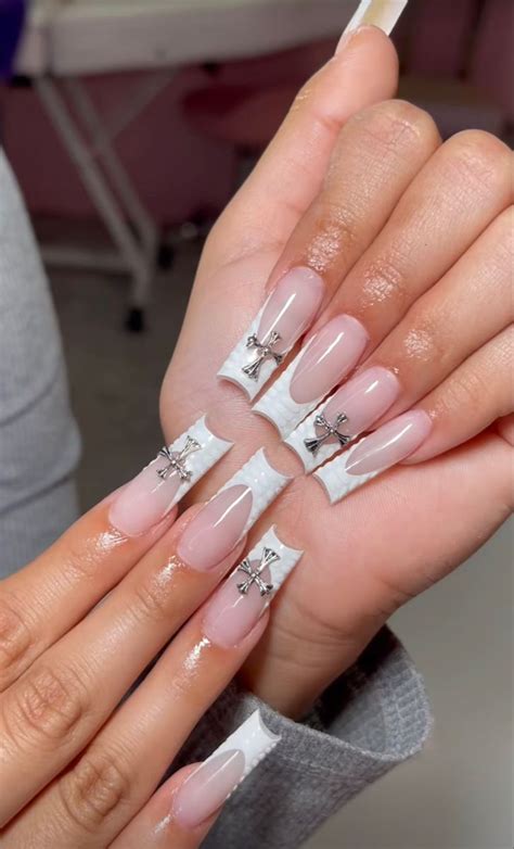 White Nail Inspo White And Silver Nails French Tip Acrylic Nails