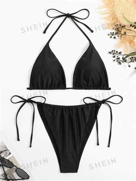 Shein Swim Curve Plus Set Bikini Unicolor Sujetador Tri Ngulo Halter