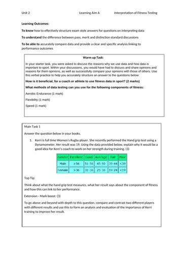 BTEC Sport Tech Award - Unit 2 Interpreting Fitness Data | Teaching ...