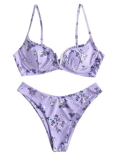 Zaful Womens Underwire Bikini Floral High Cut Bikini Set V Wired Two