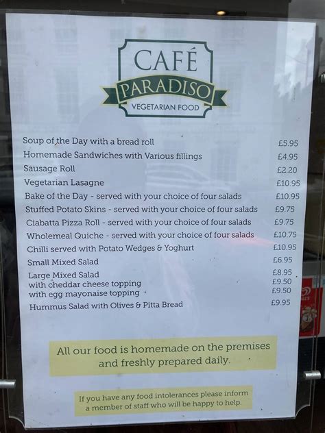 Menu At Cafe Paradiso Chichester S Vegetarian Cafe Chichester