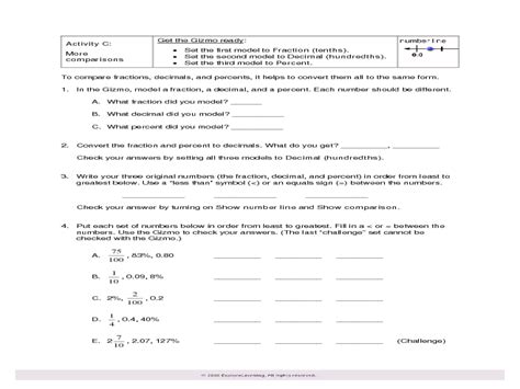 Exploring Decimals Percents And Fractions Using Gizmo Worksheet For