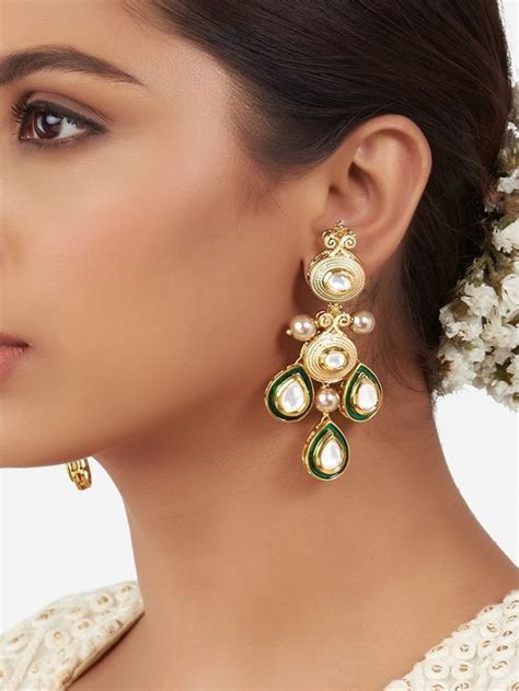 Buy Gold Toned Green Handcrafted Metal Kundan Earrings Ahaermar