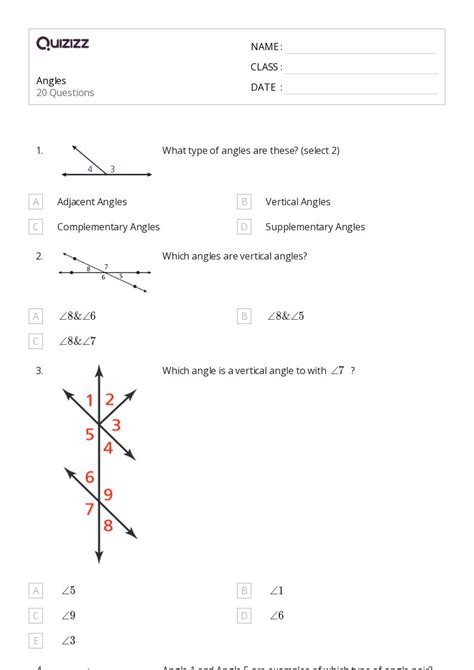 50 Complementary Supplementary Vertical And Adjacent Angles Worksheets For 8th Year On