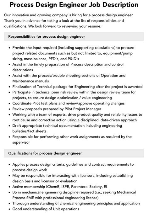 Process Design Engineer Job Description Velvet Jobs