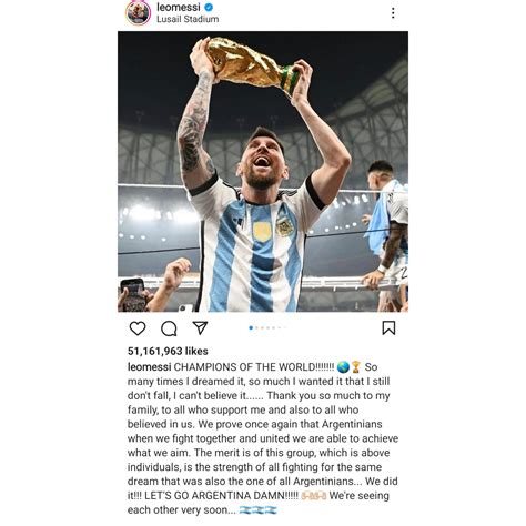 Lionel Messi S Post Celebrating World Cup Win Becomes Most Liked