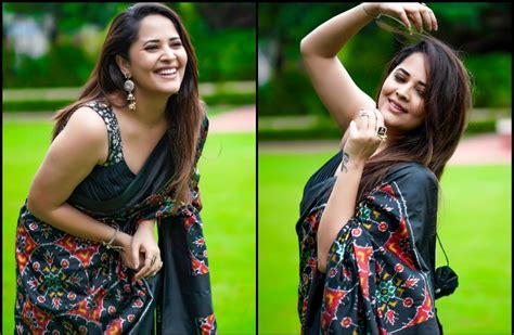 Anasuya Bharadwaj Stuns In Black Saree With Vibrant Ajrakh Prints