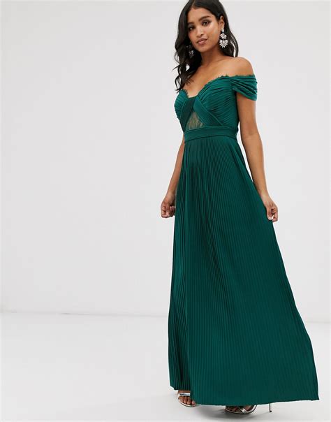 Asos Premium Lace And Pleat Bardot Maxi Dress In Green Lyst