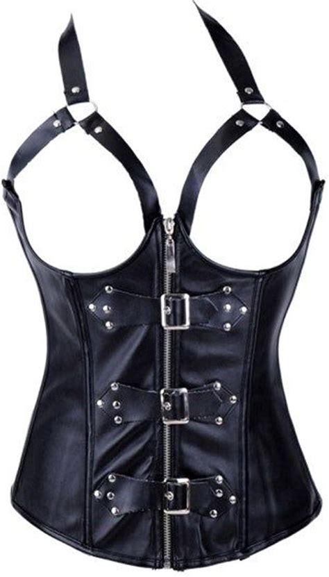 Grebrafan Serre Taille Corset Noir Gothique Fetish Imitation Cuir Avec