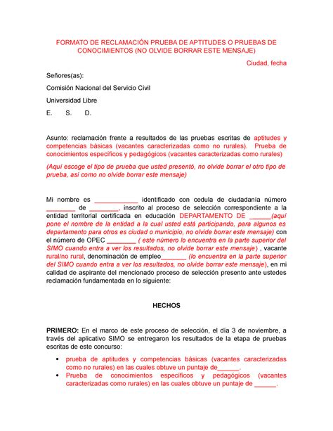 Formato Reclamaci N Pruebas De Conocimientos O Aptitudes Formato De