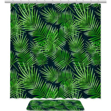 Ownni Tropical Green Leaf Pattern Pongee Shower Curtain Set With