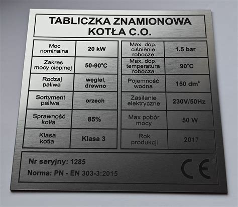 Tabliczka znamionowa na piec kocioł grzewczy C O 12 x 12 cm Grawer