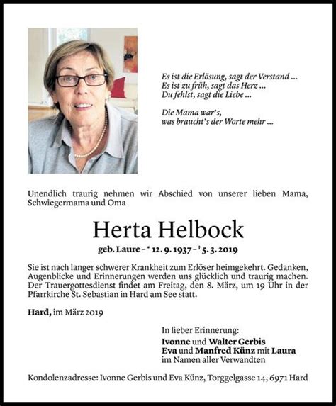 Todesanzeigen Von Herta Helbock Todesanzeigen Vorarlberger Nachrichten