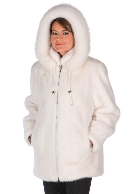 White Mink Fur Hooded Jacket White Fox Furtrim Madison Avenue Mall Furs