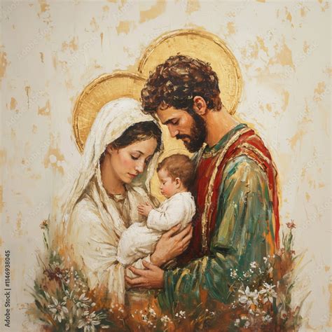 Virgin Mary and Saint Joseph holding baby Jesus Christ. Classic oil ...