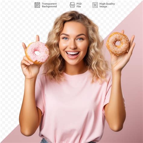 Una Mujer Con Un Donut En La Mano Y Un Cartel Que Dice Donuts Archivo