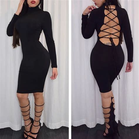 2015 Sexy Midi Dress Women Backless Black Dress Long Sleeve Criss Cross