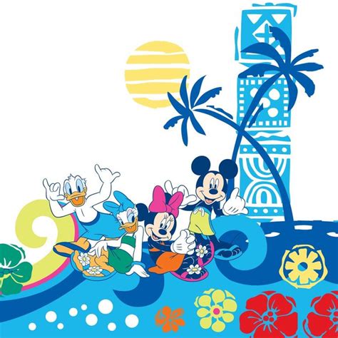 An Image Of Mickey Mouse And Friends In The Water With Palm Trees