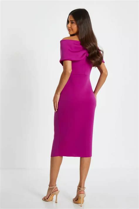 Raspberry Bardot Ruched Wrap Midi Dress Quiz Clothing