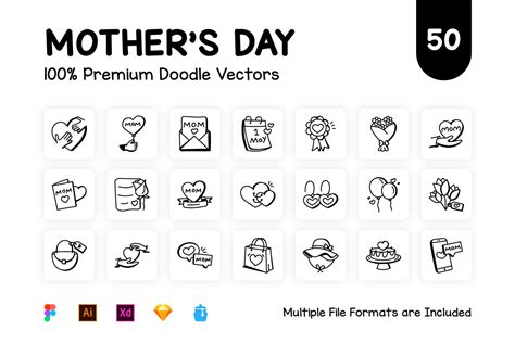 50 Doodle Mothers Day Vector Icon On Yellow Images Creative Store 99869